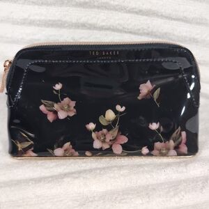 Ted Baker Tiffany Arboretum Cosmetic Bag Glossy Floral Dark Blue Makeup Pouch